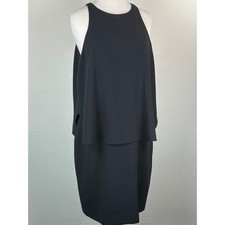 Halston Heritage Black Cape Overlay Shift Dress Sz 12 Sleeveless Minimalist NWT