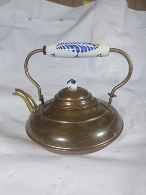 Brass Teapot Made in Holland MI Porcelain Handle Excellent Gold Patina Color  