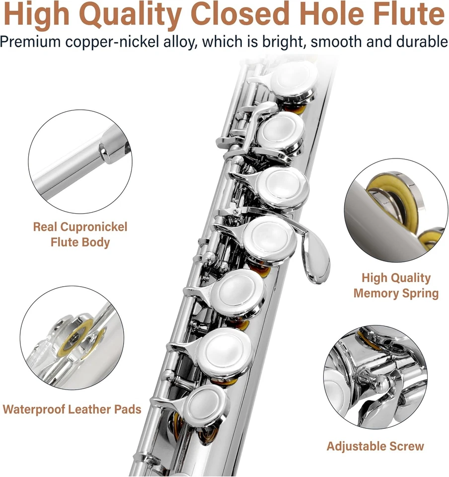 Flauta Mendini de Cecilio C, orificio cerrado de 16 llaves con estuche, guantes - níquel plateado Foto 4 de 4