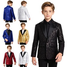 US Kids Boys Shiny Jacket Blazer Tuxedo Wedding Banquet Party Coat Formal Suit