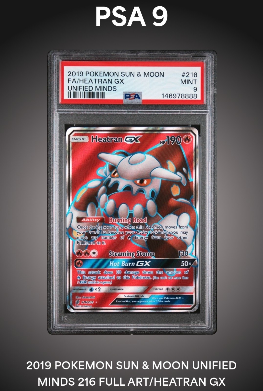2019 POKEMON SUN & MOON UNIFIED MINDS #216 FULL ART/HEATRAN GX PSA 9