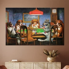 Dogs Playing Poker Wall Art | Funny Canvas Poster Glass Print for Man Cave & Bar