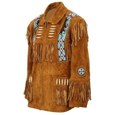 Men Western Cowboy Suede Fringe Jacket Beaded Native American Leather Jacket