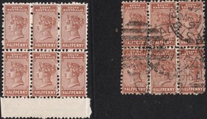 SOUTH AUSTRALIA QV 1883-90 SC#A9/76/ 1/2P/BRWN/BLOCKS-6/MNH MARGINAL &USED CV$50