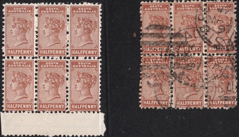 SOUTH AUSTRALIA QV 1883-90 SC#A9/76/ 1/2P/BRWN/BLOCKS-6/MNH MARGINAL &USED CV$50