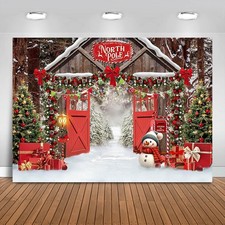 Xmas Photo Backdrop 10x7ft North Pole Winter Forest Barn Door Party Decor