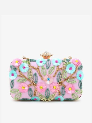 Rosa Blumen verzierte Kunstseide Box Clutch Handtasche mit Kettenriemen - Aus...