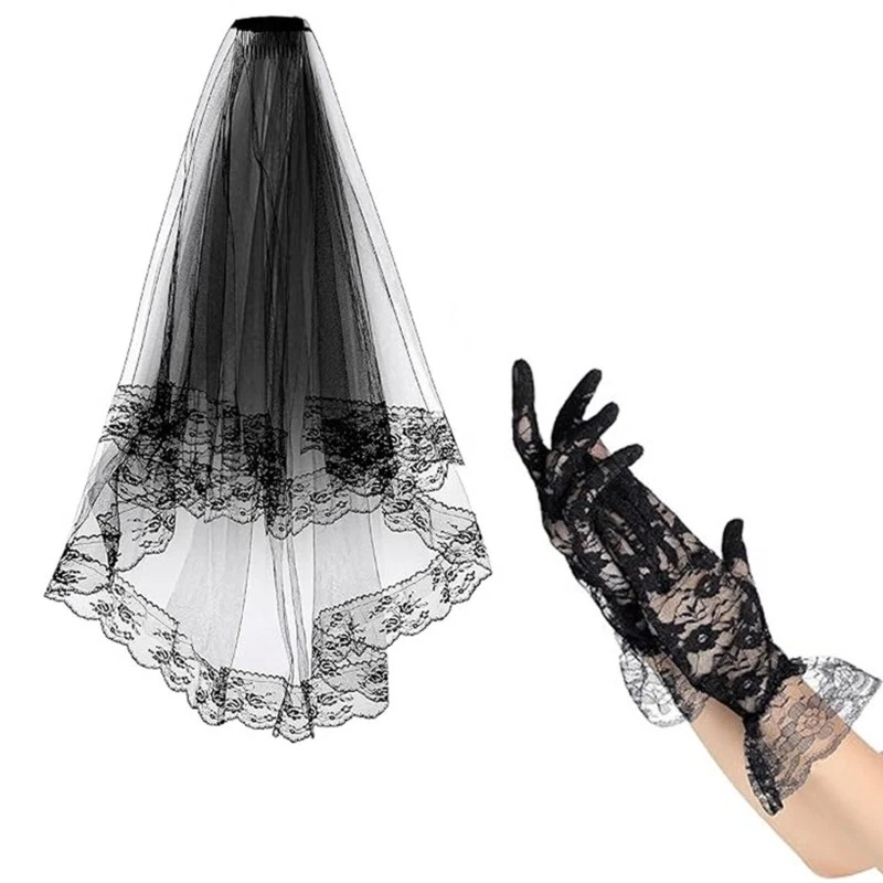 Halloween Party Essential Black Lace Veil with Gloves for a Haunting Look - Imagem 4 de 4