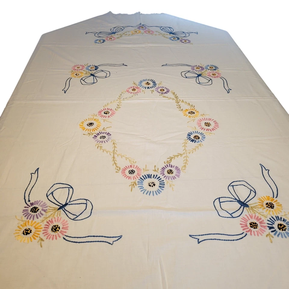 Vintage Handmade Bedspread Embroidered Flowers 72x80 Fringe Edges Floral Retro - Image 2 of 4