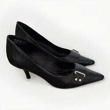 Y2K Black Leather Buckle Detail Kitten Heels Size 6 Pointed Toe