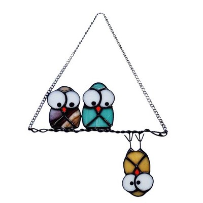 Multicolor Owls on a Wire High Stained Glass Suncatcher Panel, Bird Suncatche...