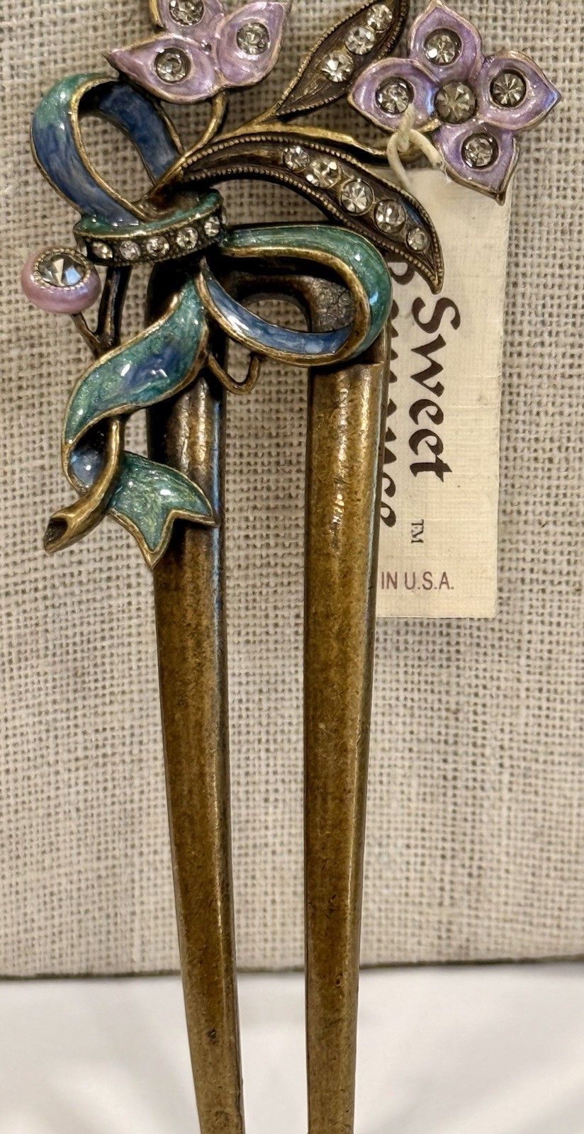 Vintage Sweet Romance Flower Hair Stick Brass Tone Rhinestone Hair Pin USA