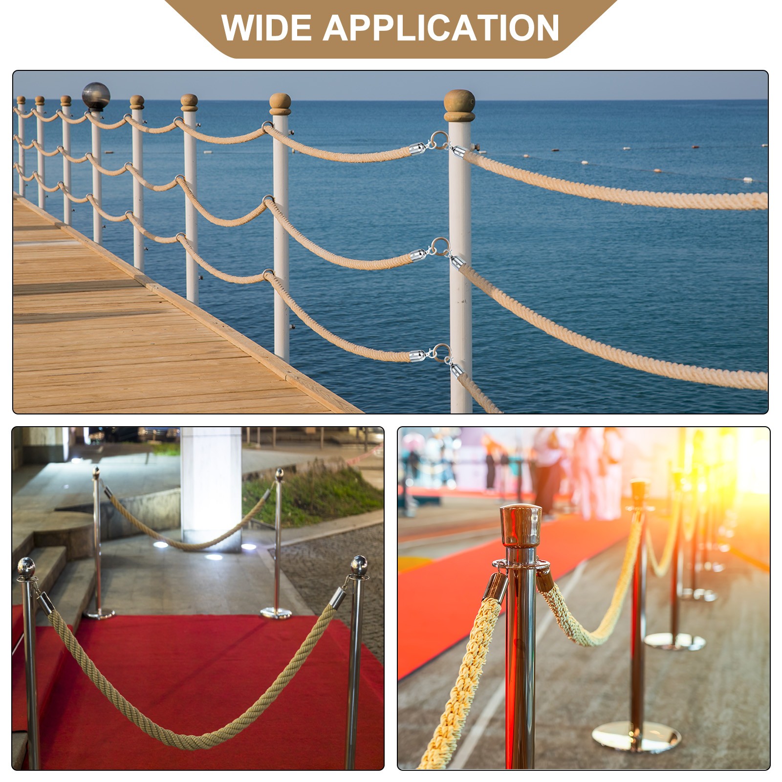 2Pcs 3ft x 1.5 Inch Crowd Control Jute Stanchion Rope with Snap Hooks