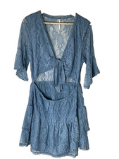 free people Lace cutout Lace Mini Dress Sheer V neck tie front Size L Y2K
