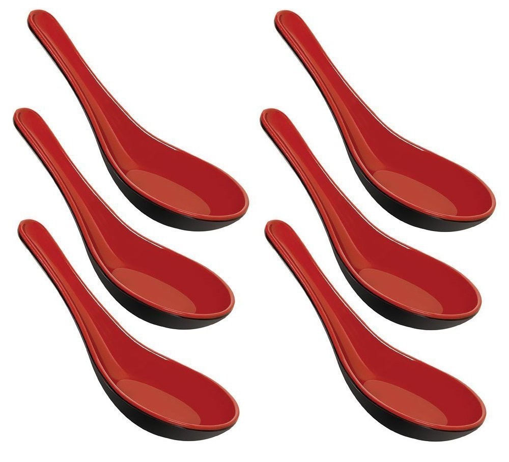 6 Pack Melamine Soba Rice Spoons Chinese Won Ton Soup Spoon Asian Red Black