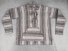 Baja Hoodie Mens Medium Gray Striped Kangaroo Pocket Hippie Drug Rug Poncho