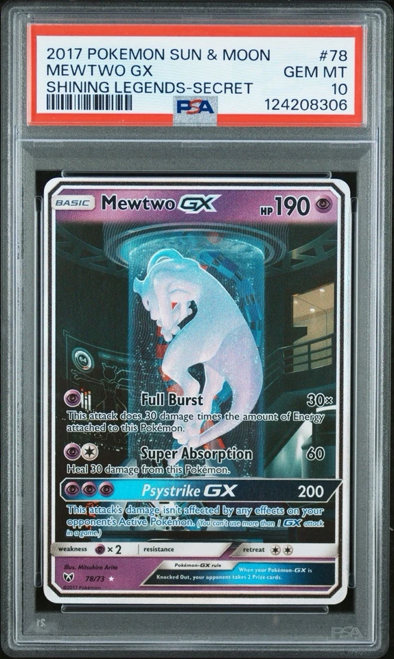 2017 POKEMON 太阳和月亮闪耀传奇秘密 #78 MEWTWO GX PSA 10 — 第 3/4 张图片