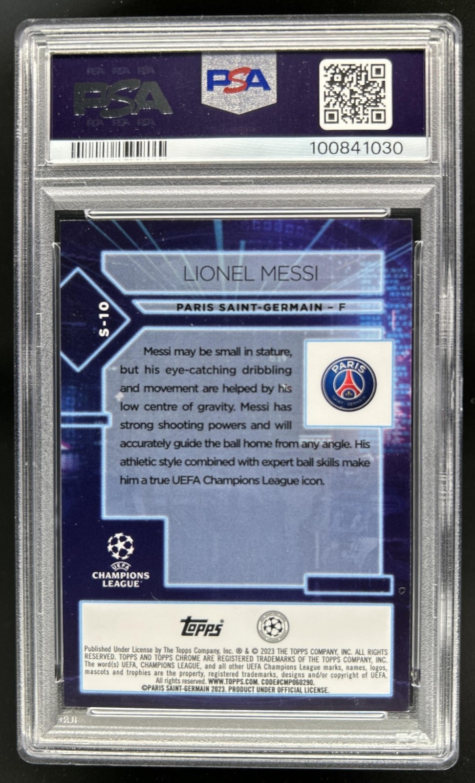 2022-23 Topps Chrome UEFA Lionel Messi Specimens #S-10 PSG PSA 9 (30) view 2