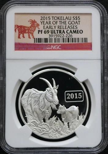 2015 Tokelau Silver $5 Year of  Goat Early Releases Ultra Cameo Proof NGC PF69