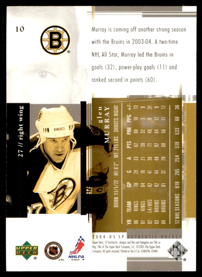 2004-05 SP Authentic Glen Murray Boston Bruins #10 - Image 2 of 2