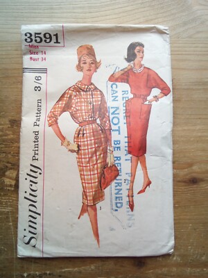 3591 Original 60er Jahre 3/4 Set im Ärmel Kleid Größe 14 Simplicity Schnittmuster