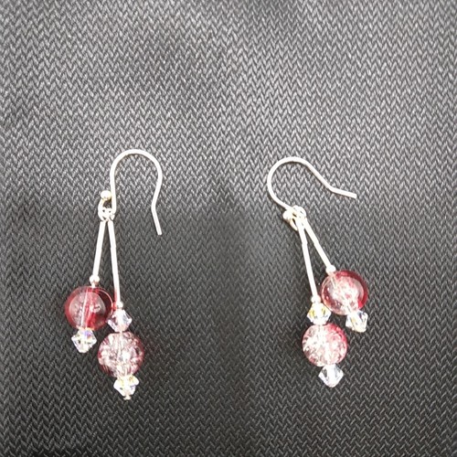 Artisan Sterling Silver Pr Earrings, w/2 strands of Red Crackle Beads Boxed 1.5" - Picture 3 of 12