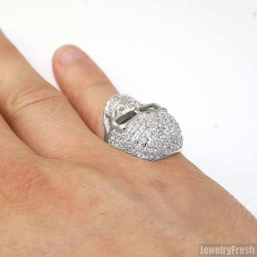 White Gold Finish Silver CZ Mens Iced Out Mens Skull Ring eBay