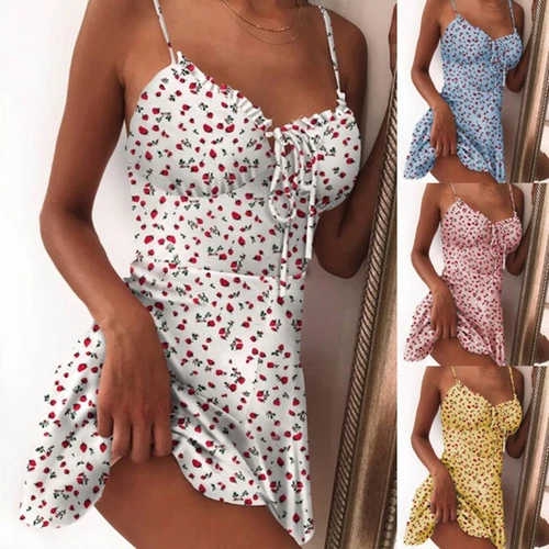 Sexy figurbetontes Damen-Mini-Trägerkleid Blumen Spaghettiträger Party Clubwear Kleid↷ - Bild 8 von 57