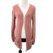 Love Tree Long Fuzzy Cardigan Sweater size S Mauve Pink Open Front Pockets