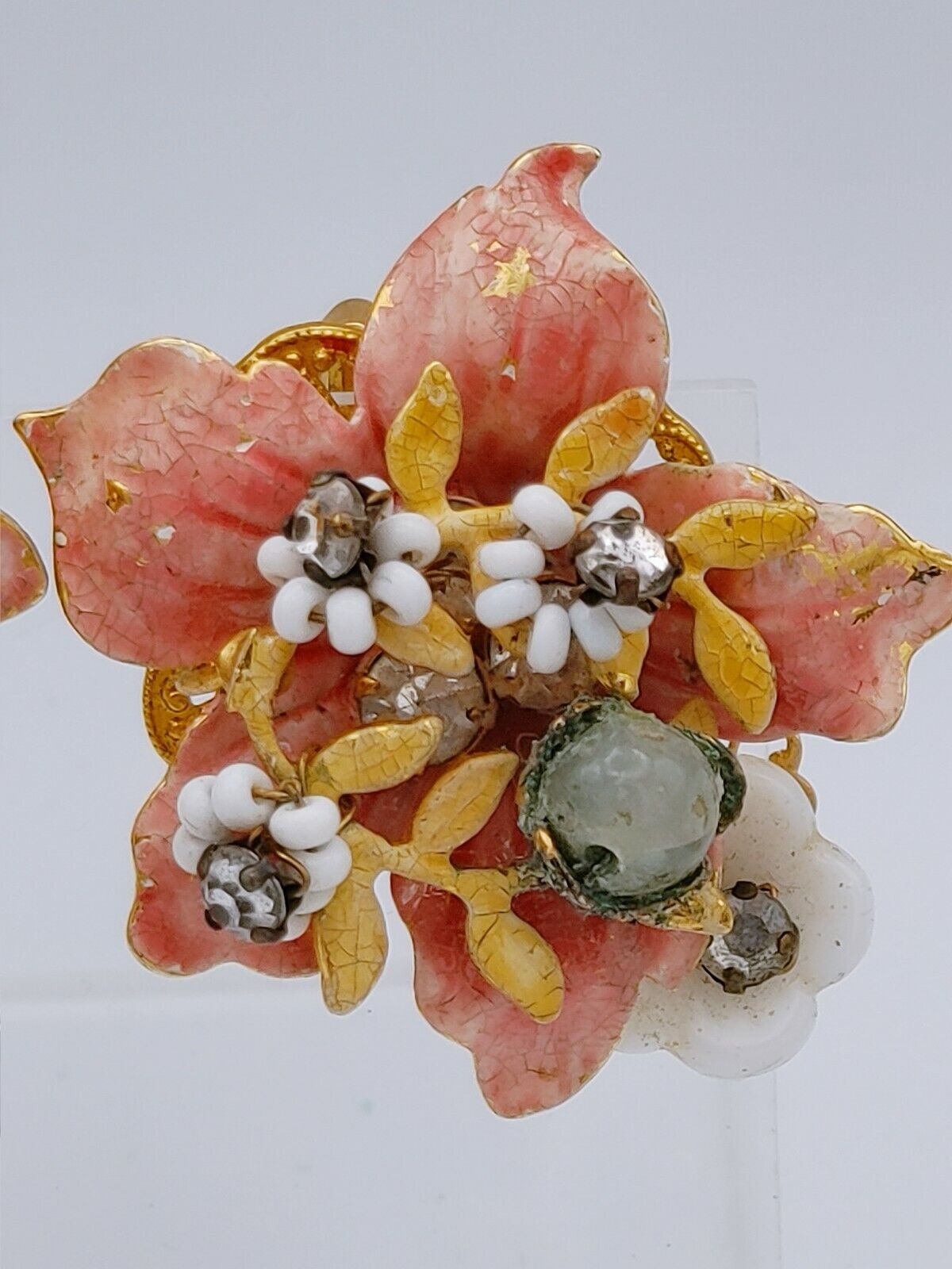 Vintage Pink Enamel Flower Clip On Earrings - image 5