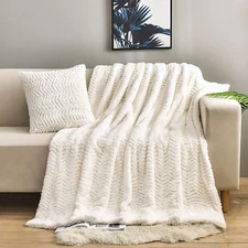 Luxury Faux Fur Throw Blanket, Double Sided, Soft & Cozy, 50" X 63", Ivory
