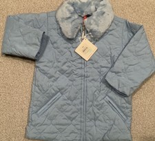 NWT Hanna Andersson Blue Quilted Coat Jacket Faux Fur Collar Girls 100 US 4-5