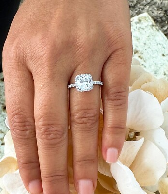 14K SOLID WHITE GOLD CUSHION CUT SIMULATED DIAMOND ENGAGEMENT RING HALO 
