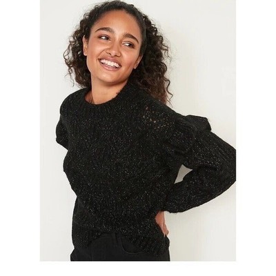 New Old Navy Women's M Ruffle Trim Shimmer Sparkle Sweater Black