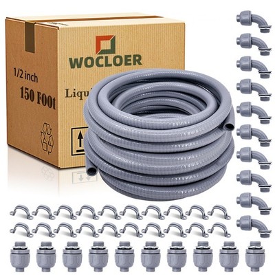 Wocloer 1/2''150ft Liquid-Tight Conduit Kit w/10 Straight&10 Angle Fittings+Strap