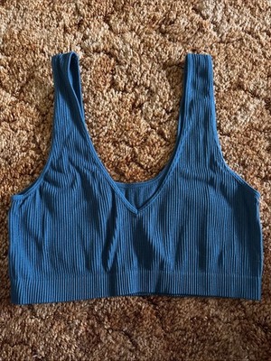 Women s Colsie Ribbed Sports Bra Teal Seamless Yoga Workout Crop V Neck Size M