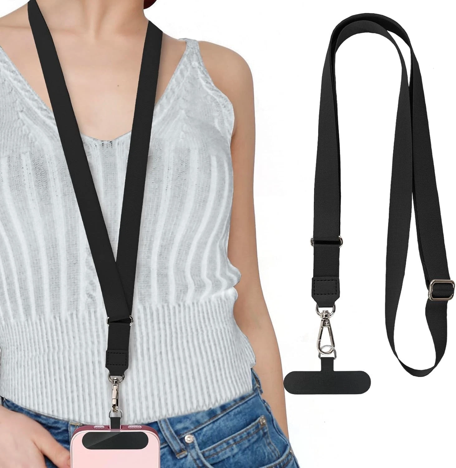 Adjustable Phone Lanyard with Clip –21.6in Crossbody Strap for Smartphones Black
