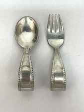 Vintage Reed  Barton Pewter Baby Spoon  Fork Set Beaded Edge Collectible