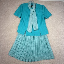 Vintage Leslie Fay Petite 3 Pc Set Size 10P Teal Pleated Skirt Blouse Secretary