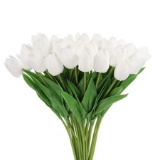 24Pcs Fake Tulips Artificial Flowers PU Artificial Tulips with Stems White