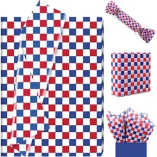 100 Sheet Red Blue Checkered Plaids Tissue Paper 20x14 Patriotic Checker Patt...