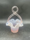 Iridescent White and Pink Ruffled Fenton Hobnail Basket with Twisted Handle