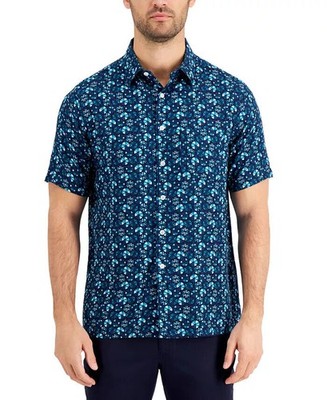Tasso Elba Men's Silk Blend Cellula Tile Printed Shirt in Blue Combo-Small