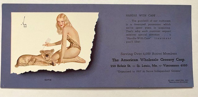 1943 - Famous "V" Girls by Varga, "Softie" pinup girl - ink blotter