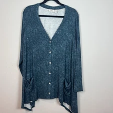 Logo Lori Goldstein Women’s Blue Button Front Shark Hem Tunic Top SZ 1X Pockets