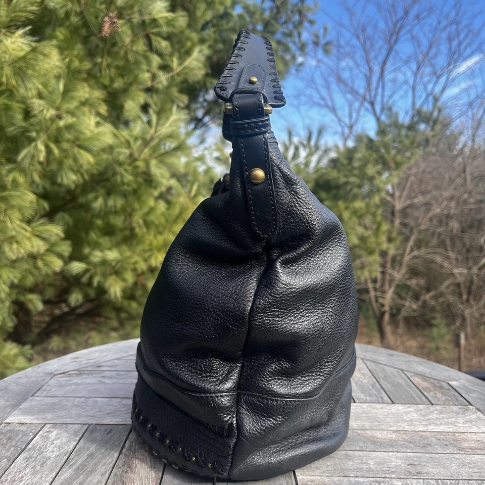 Calvin Klein Hobo Shoulder Bag Black Pebbled Leather Studded Tassel Accent - Image 2 of 4