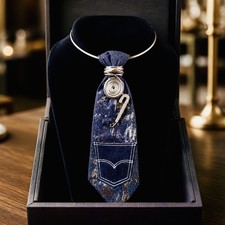 Blue Denim Women's Neck Tie with Wire Wrapped and Foil Accents