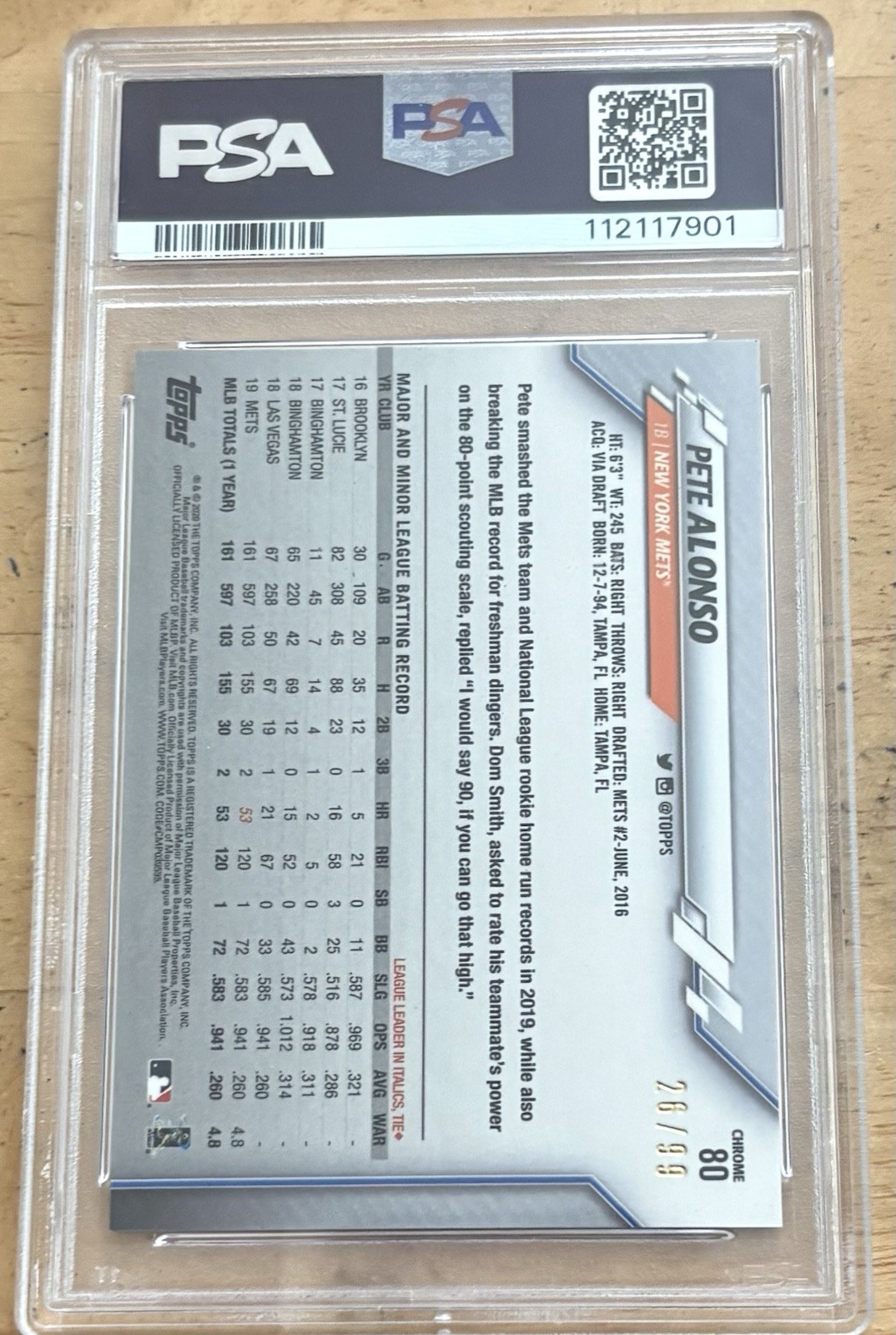 2020 Topps Chrome - Pete Alonso #80 Green Refractor Vertical /99 PSA 10 view 2