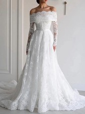 Elegant Off Shoulder Long Sleeve A-Line Chapel Train High Waist Lace Bridal Gown