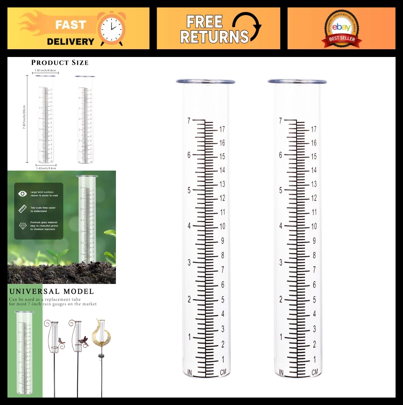 7" Rain Gauge Replacement Tube - 2 Pack Glass for Garden & Outdoor Use